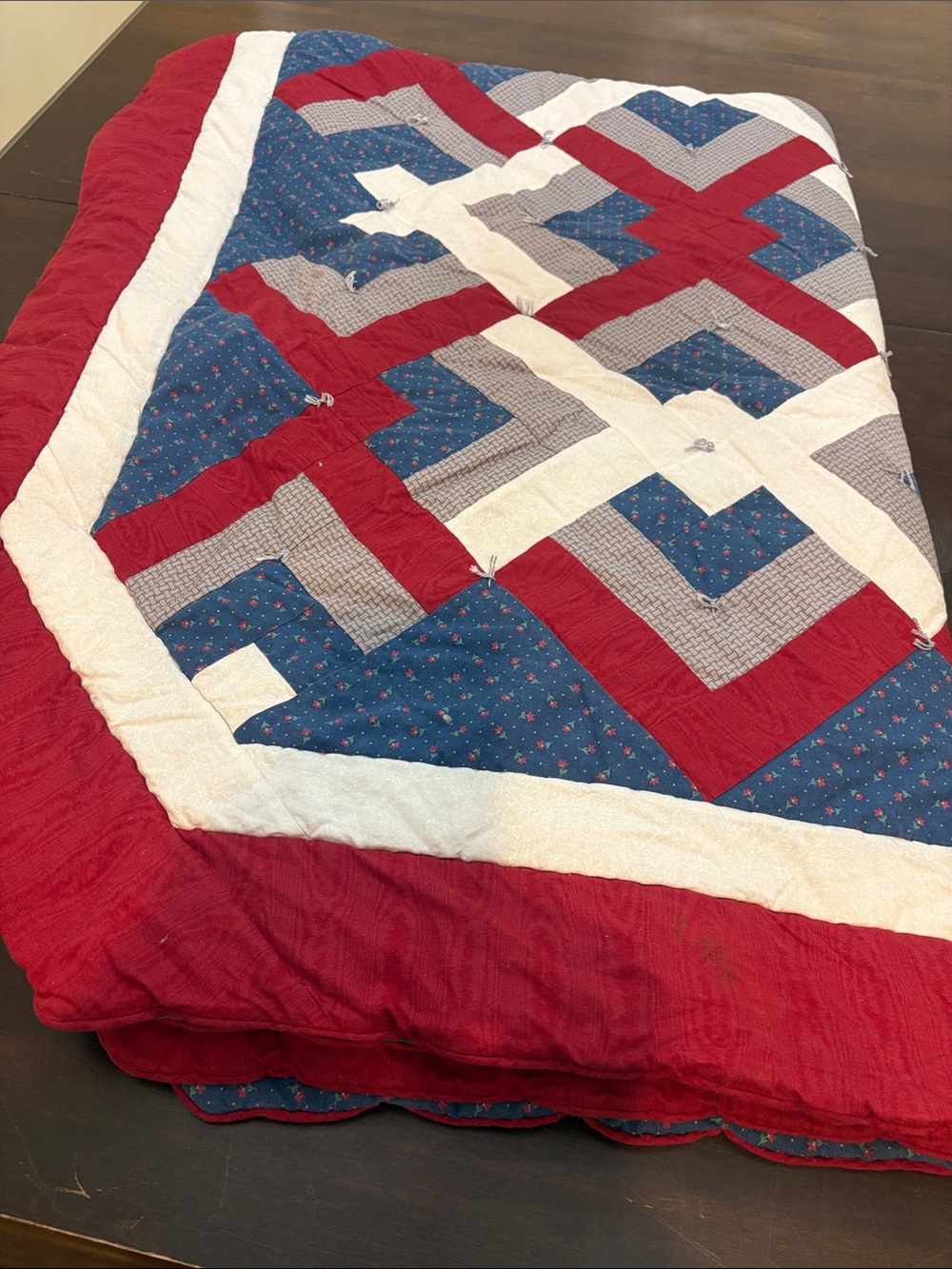 Hand Crafted Red, Blue & Cream Geometric Patchwork Quilt